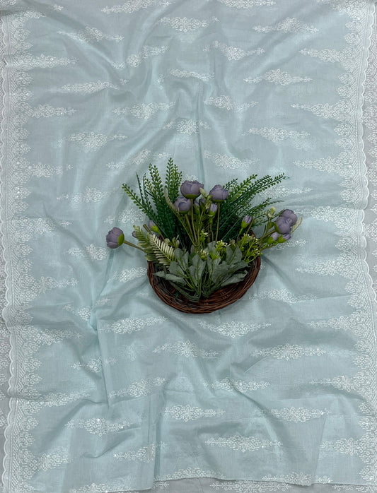 680A Cotton White With Light Sky Blue Suit Fabric / CKC Cotton Bazaar