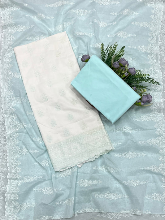 680A Cotton White With Light Sky Blue Suit Fabric / CKC Cotton Bazaar
