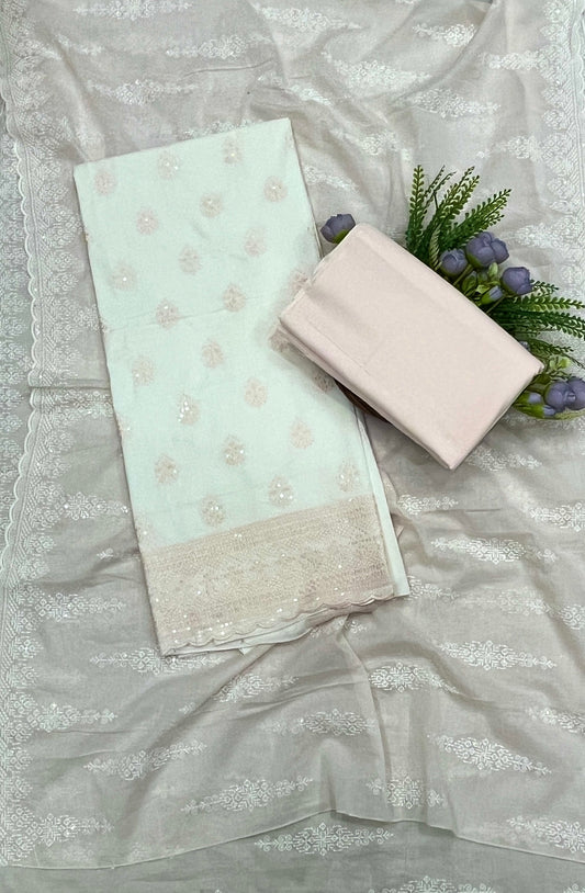 681A Cotton White With Light Peach Suit Fabric / CKC Cotton Bazaar