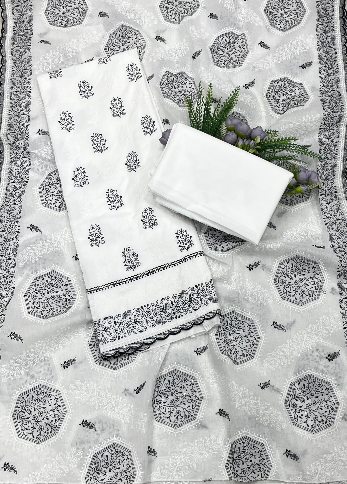 703A Cotton White With Black Suit Fabric / CKC Cotton Bazaar