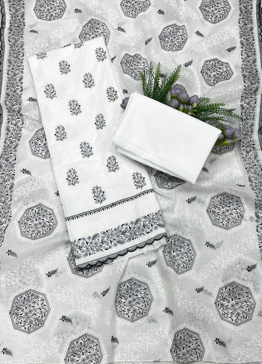 703A Cotton White With Black Suit Fabric / CKC Cotton Bazaar