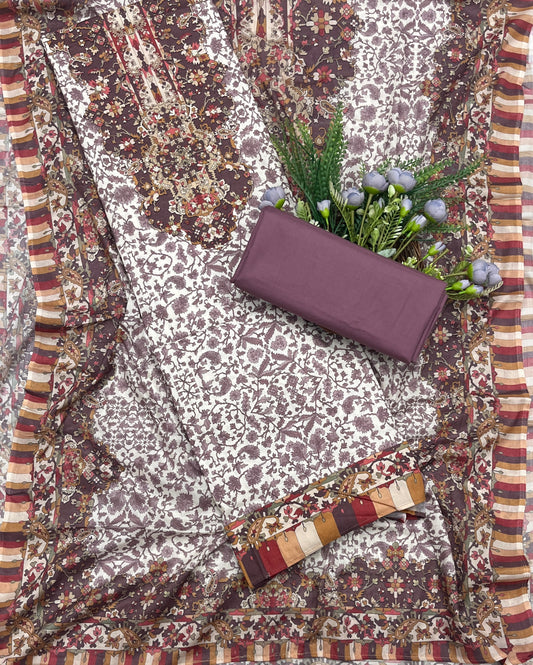 745A Cotton White With Dusty Wine Suit Fabric / CKC Cotton Bazaar