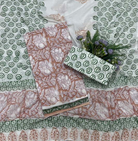 704A Cotton Peach With Green Suit Fabric / CKC Cotton Bazaar