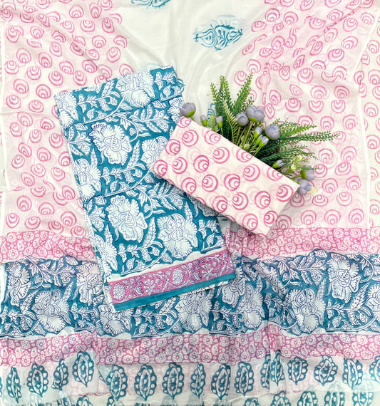705A Cotton Sea Blue With Peach Suit Fabric / CKC Cotton Bazaar