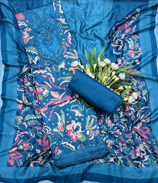 723A Cotton Teal Blue Suit Fabric / CKC Cotton Bazaar