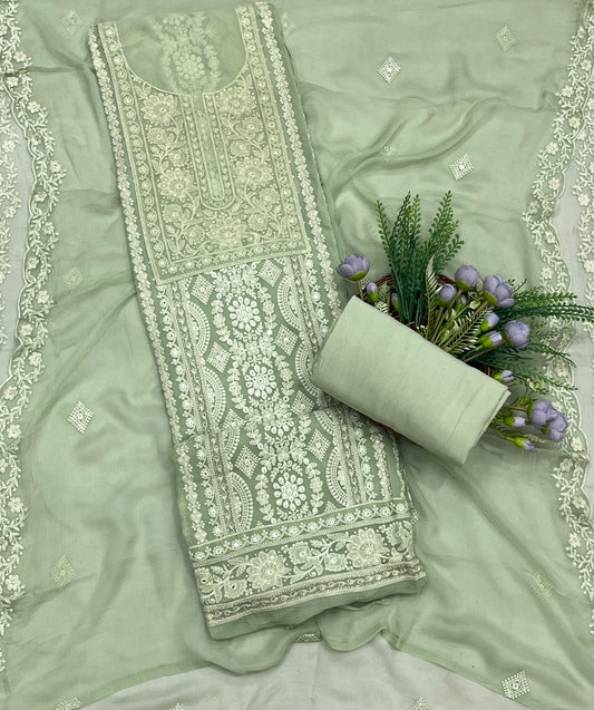 730A Lakhnavi Georgette Green Suit Fabric / CKC Lakhnavi Suits