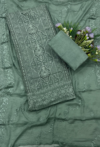 787A Lakhnavi Organza Dark Dusty Green Suit Fabric / CKC Lakhnavi Suits