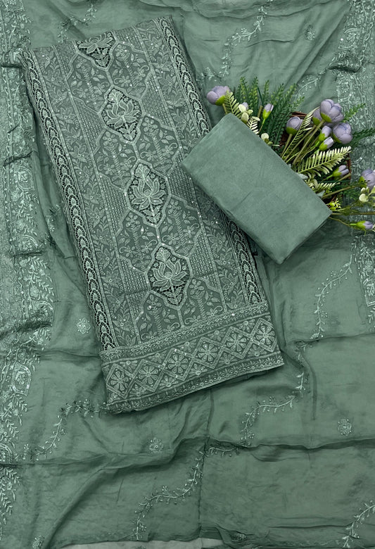 787A Lakhnavi Organza Dark Dusty Green Suit Fabric / CKC Lakhnavi Suits