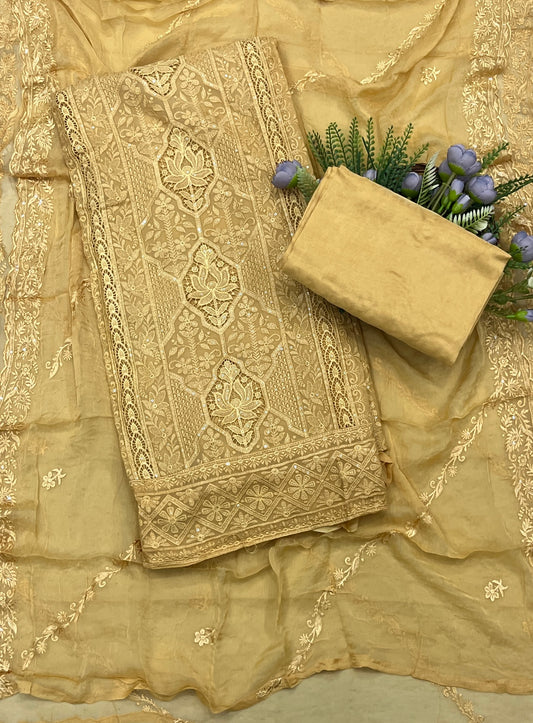 786A Lakhnavi Organza Yellow Suit Fabric / CKC Lakhnavi Suits