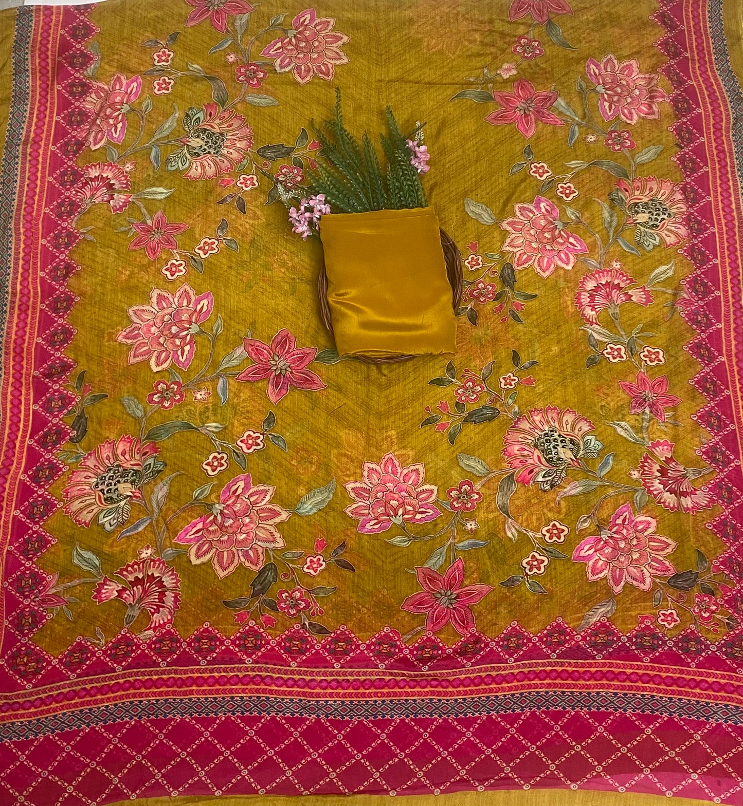 Crepe Mustard Suit Fabric / Phoolon Ka Ghar
