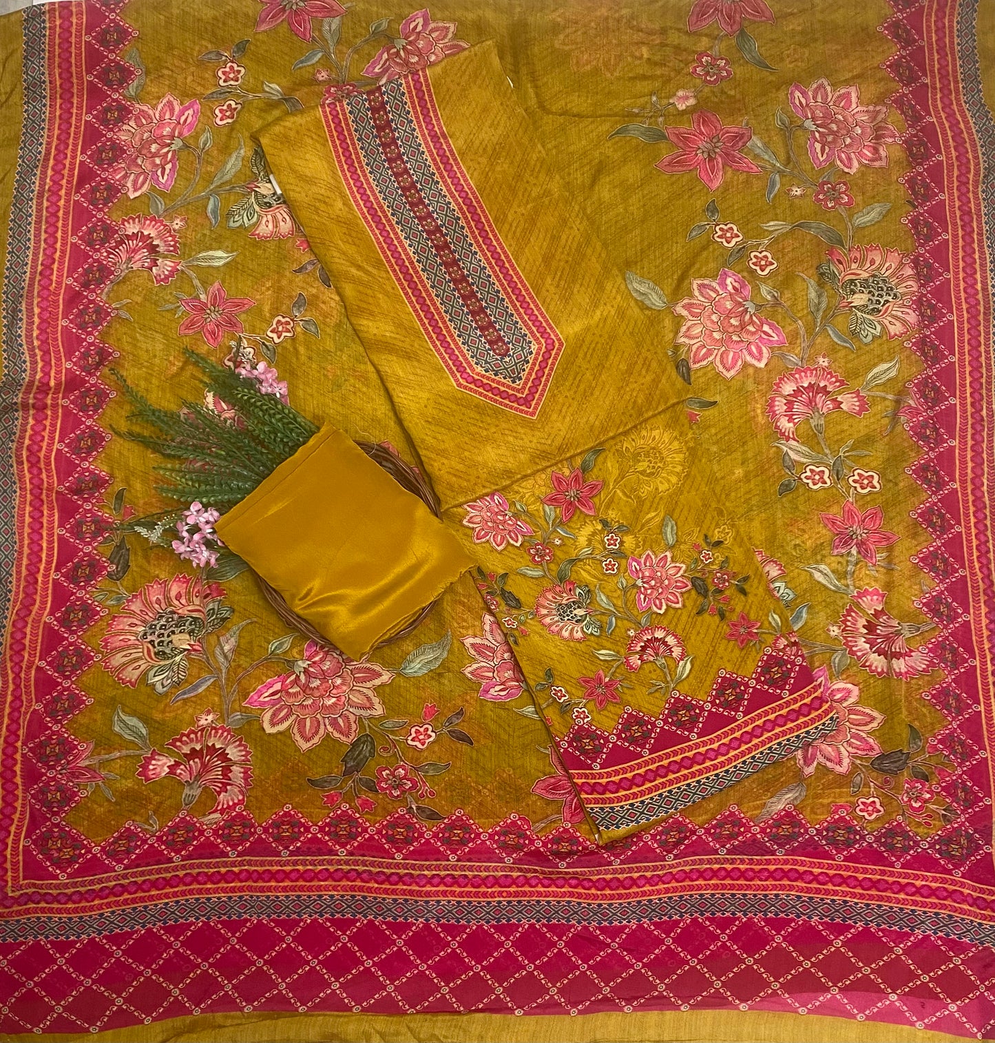 Crepe Mustard Suit Fabric / Phoolon Ka Ghar