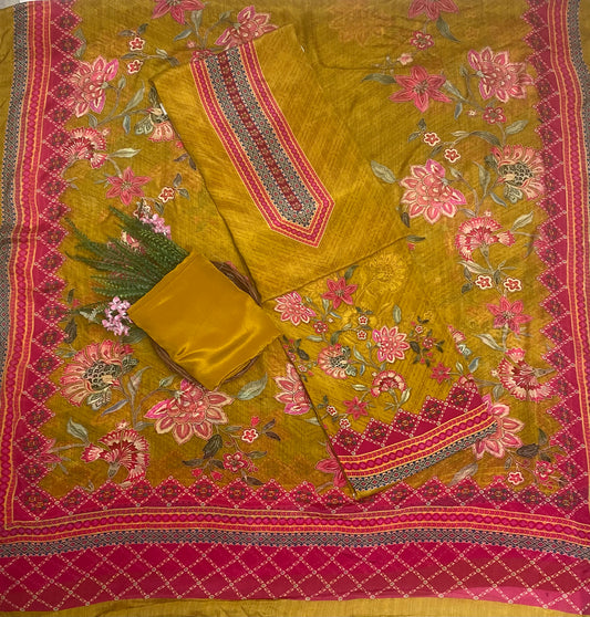 Crepe Mustard Suit Fabric / Phoolon Ka Ghar