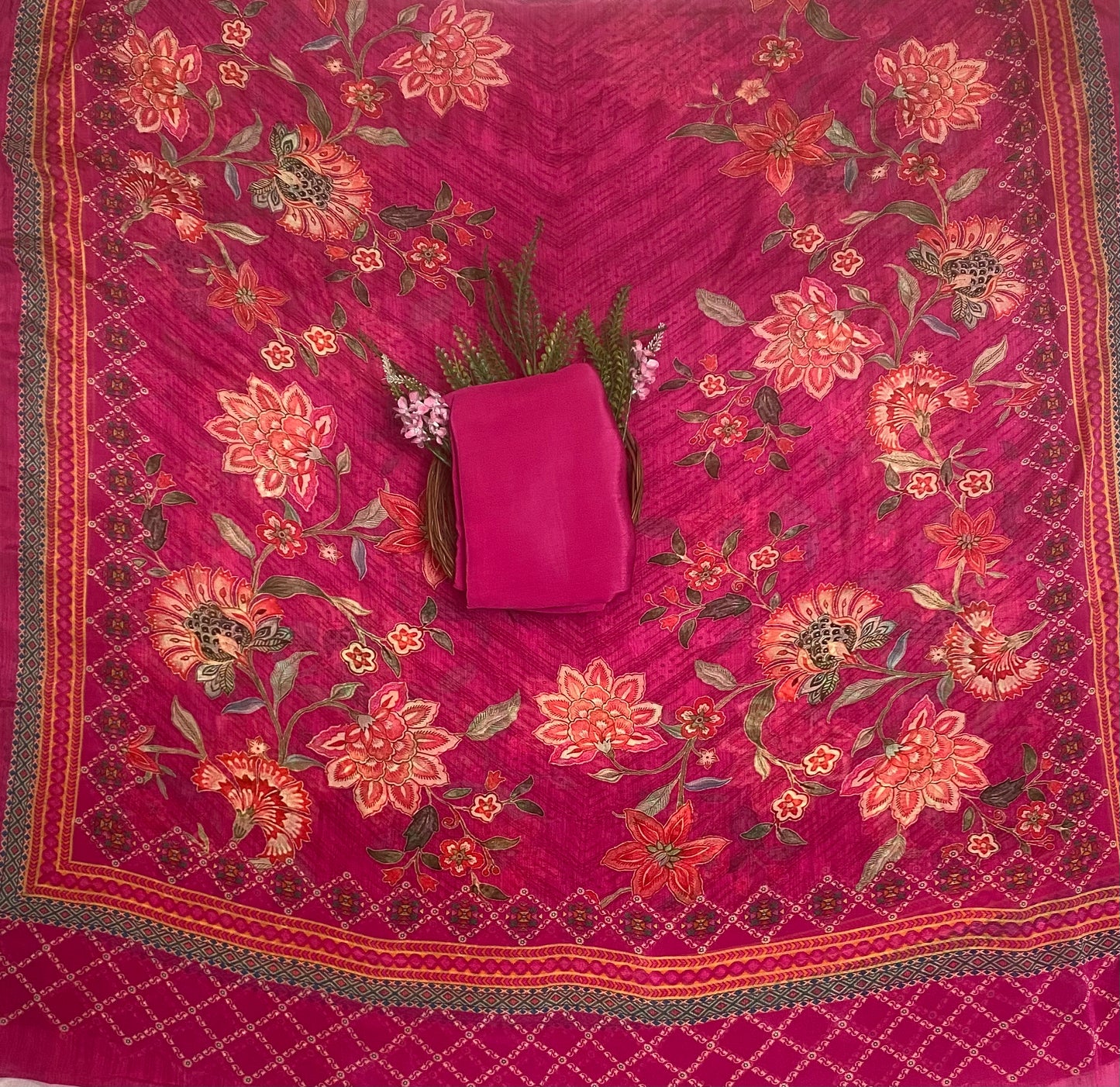 Crepe Magenta Suit Fabric / Phoolon Ka Ghar