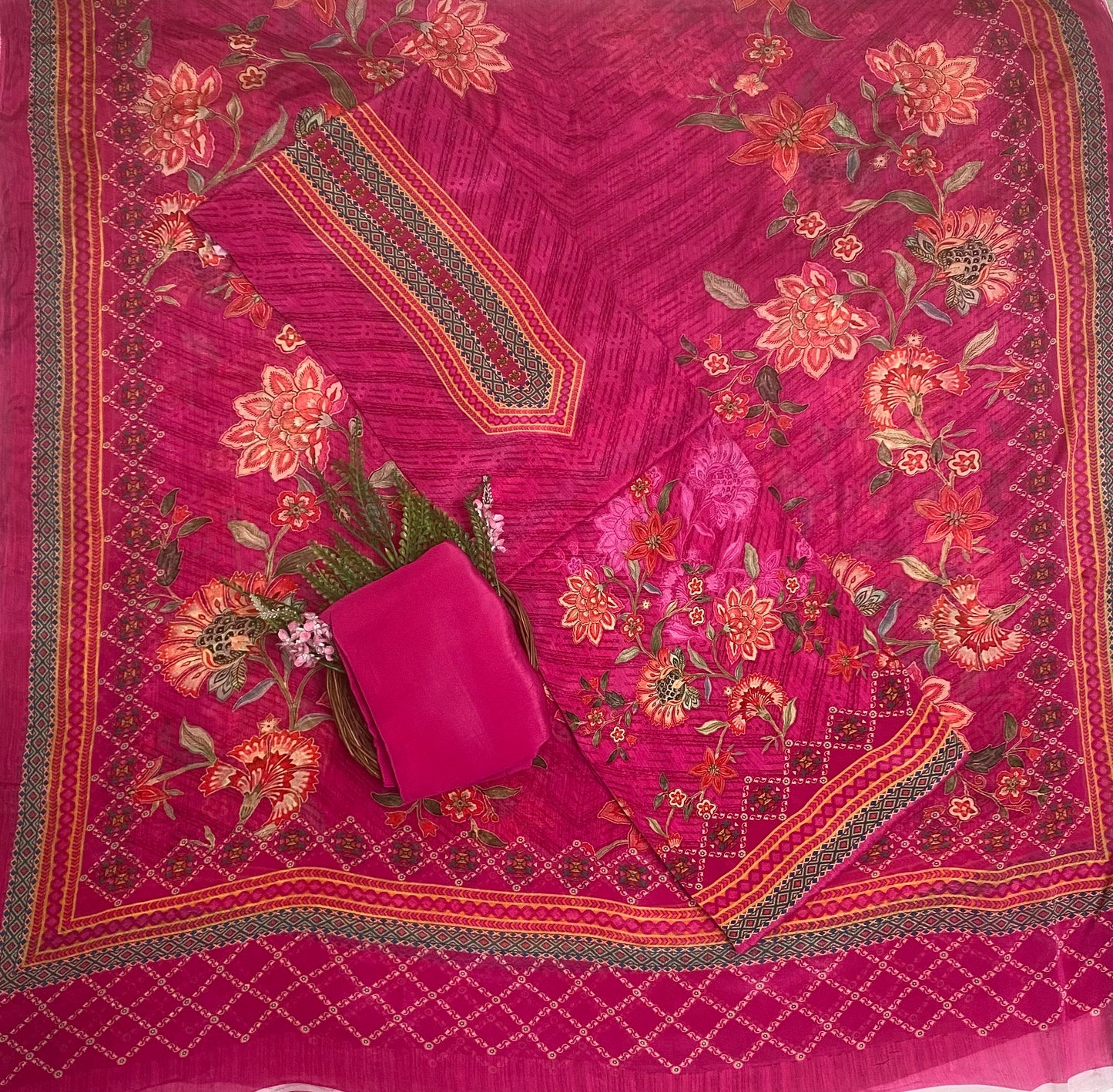 Crepe Magenta Suit Fabric / Phoolon Ka Ghar