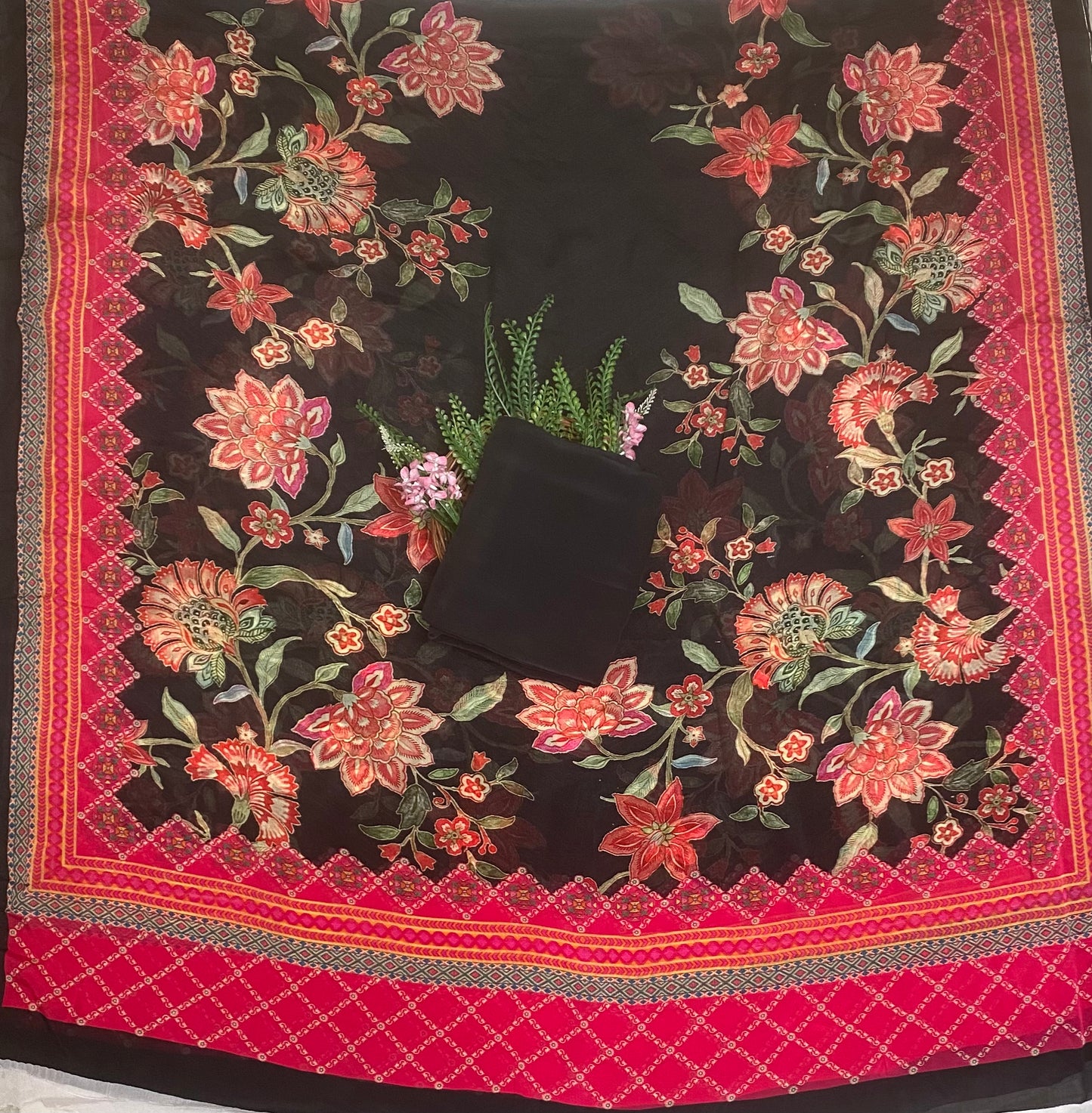 Crepe Black Suit Fabric / Phoolon Ka Ghar