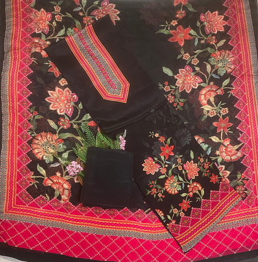 Crepe Black Suit Fabric / Phoolon Ka Ghar
