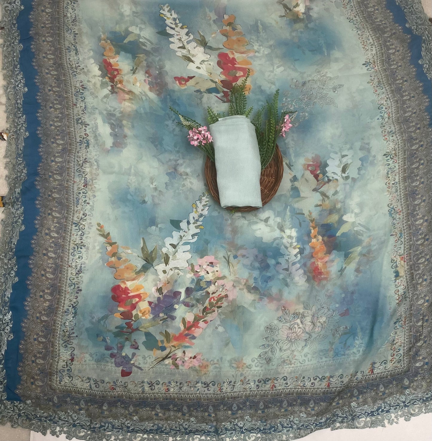 Georgette Dusty Sea Green Suit Fabric / Phoolon Ka Ghar