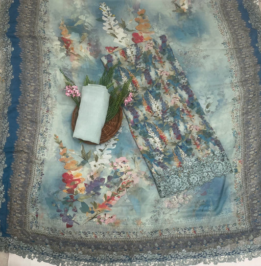 Georgette Dusty Sea Green Suit Fabric / Phoolon Ka Ghar