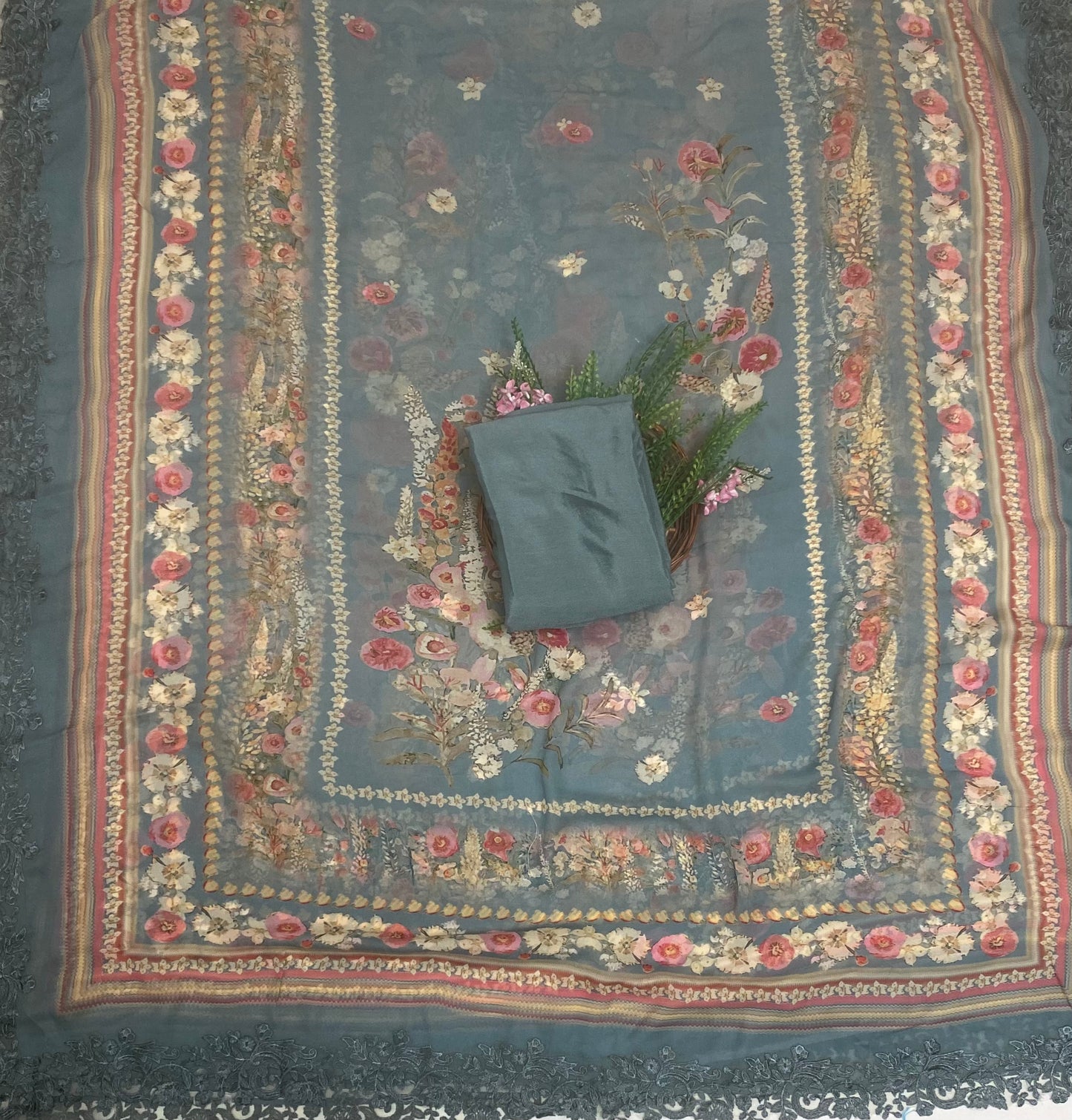 Georgette Grey Suit Fabric / Phoolon Ka Ghar