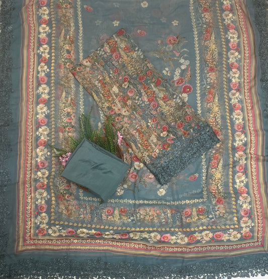 Georgette Grey Suit Fabric / Phoolon Ka Ghar