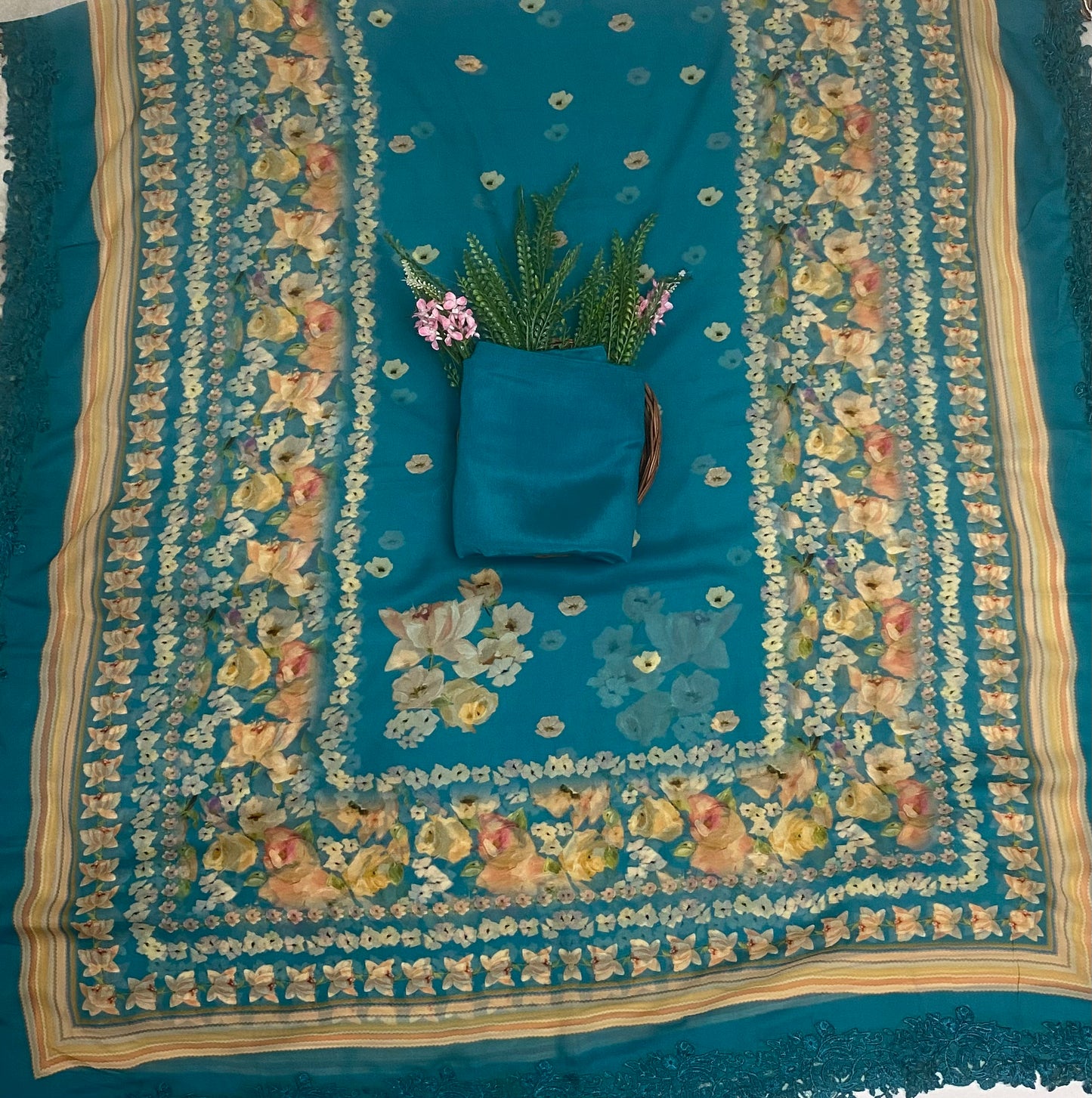 Georgette Peacock Blue Suit Fabric / Phoolon Ka Ghar