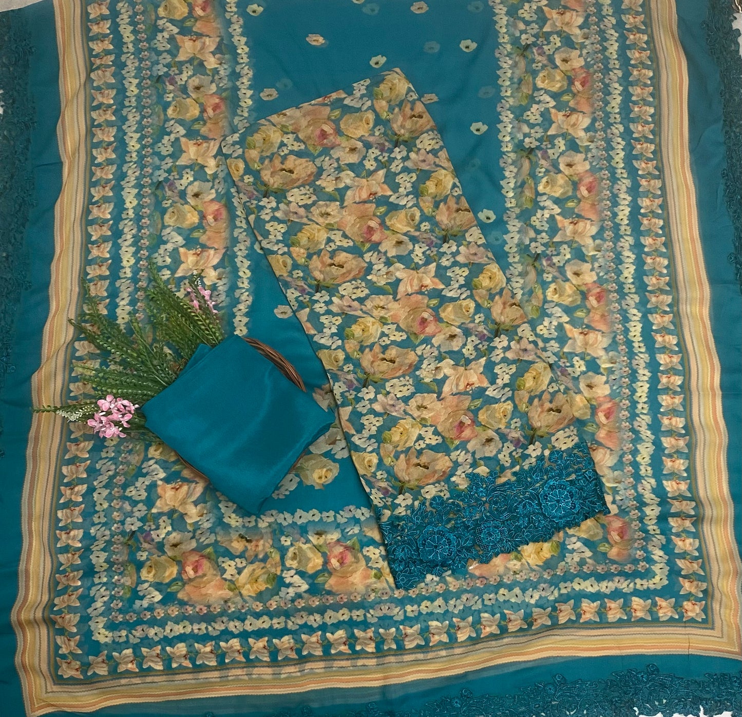 Georgette Peacock Blue Suit Fabric / Phoolon Ka Ghar