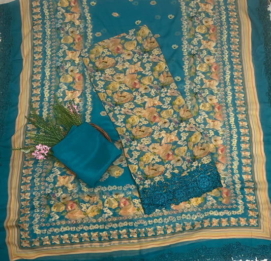 Georgette Peacock Blue Suit Fabric / Phoolon Ka Ghar