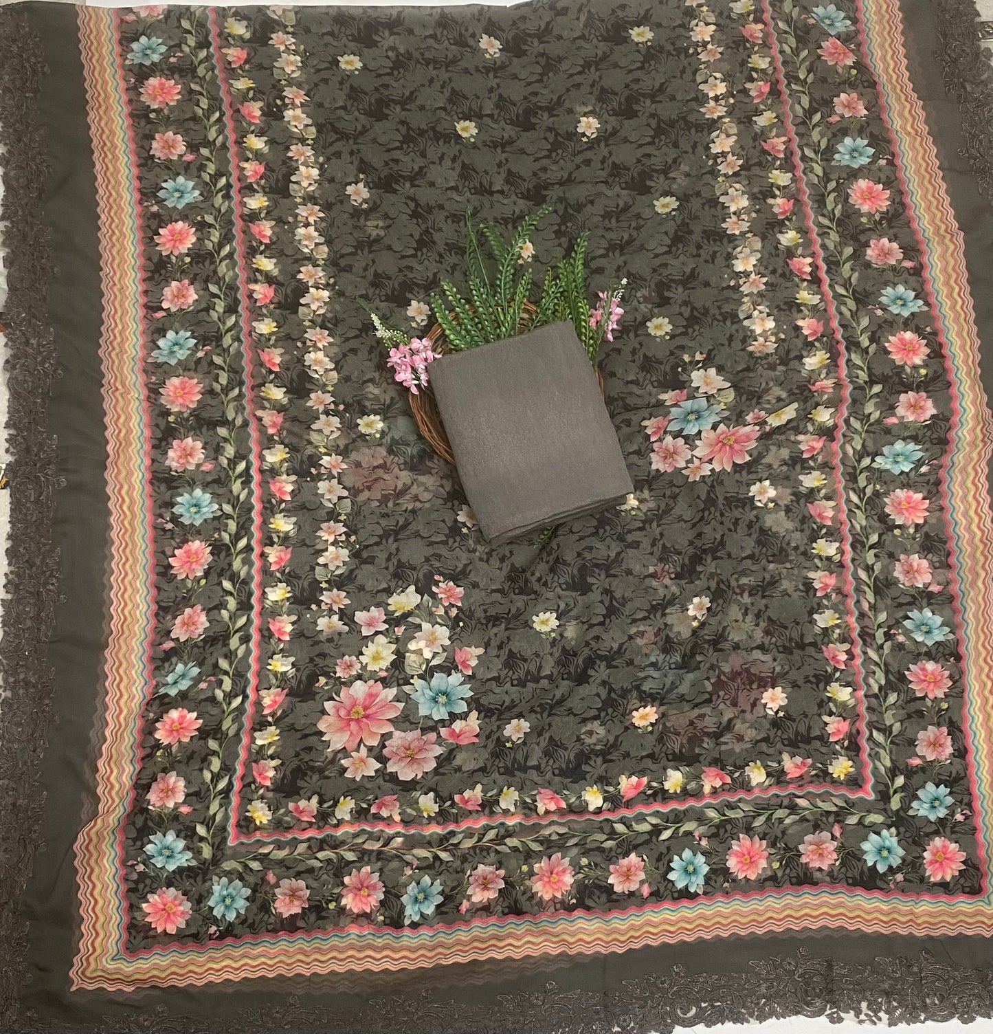 Georgette Dark Grey Suit Fabric / Phoolon Ka Ghar