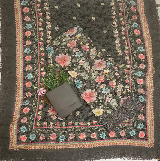 Georgette Dark Grey Suit Fabric / Phoolon Ka Ghar