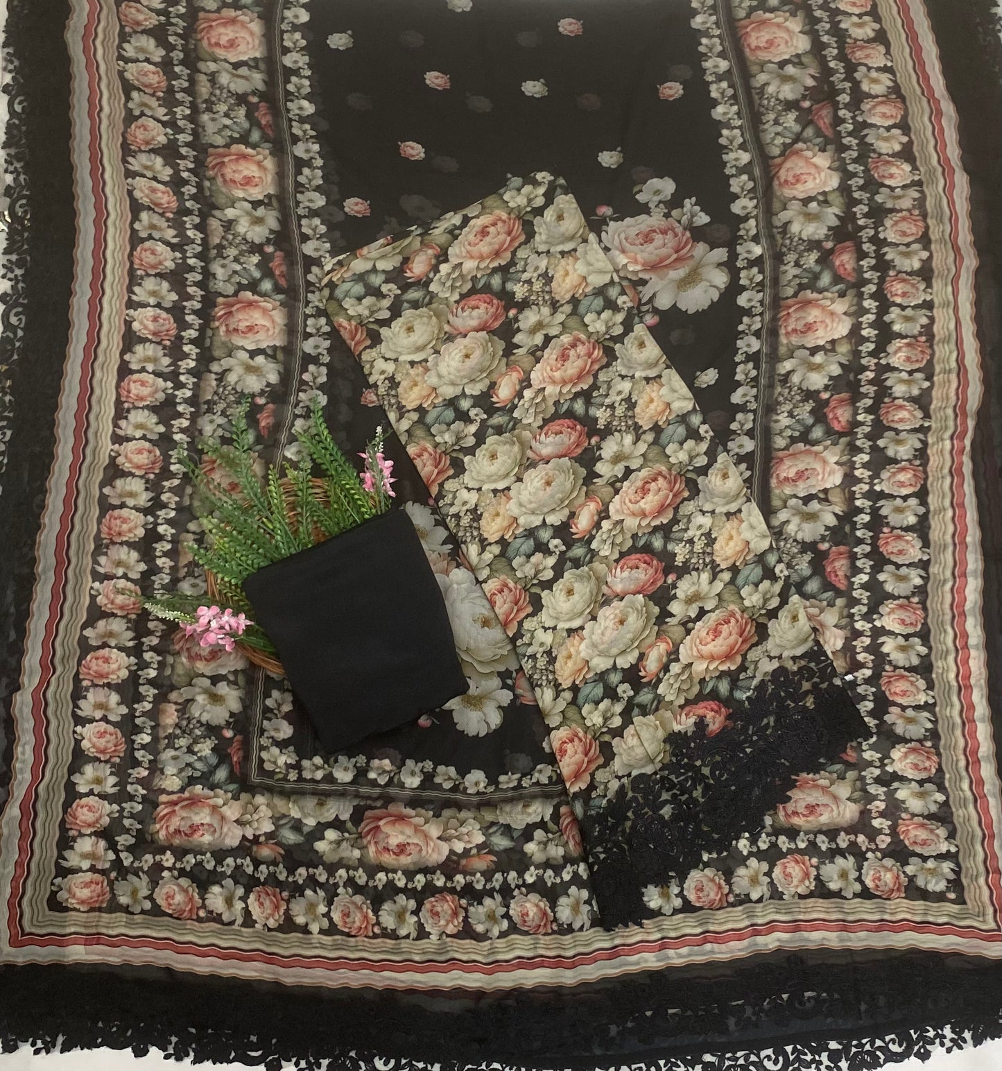 Georgette Black Suit Fabric / Phoolon Ka Ghar
