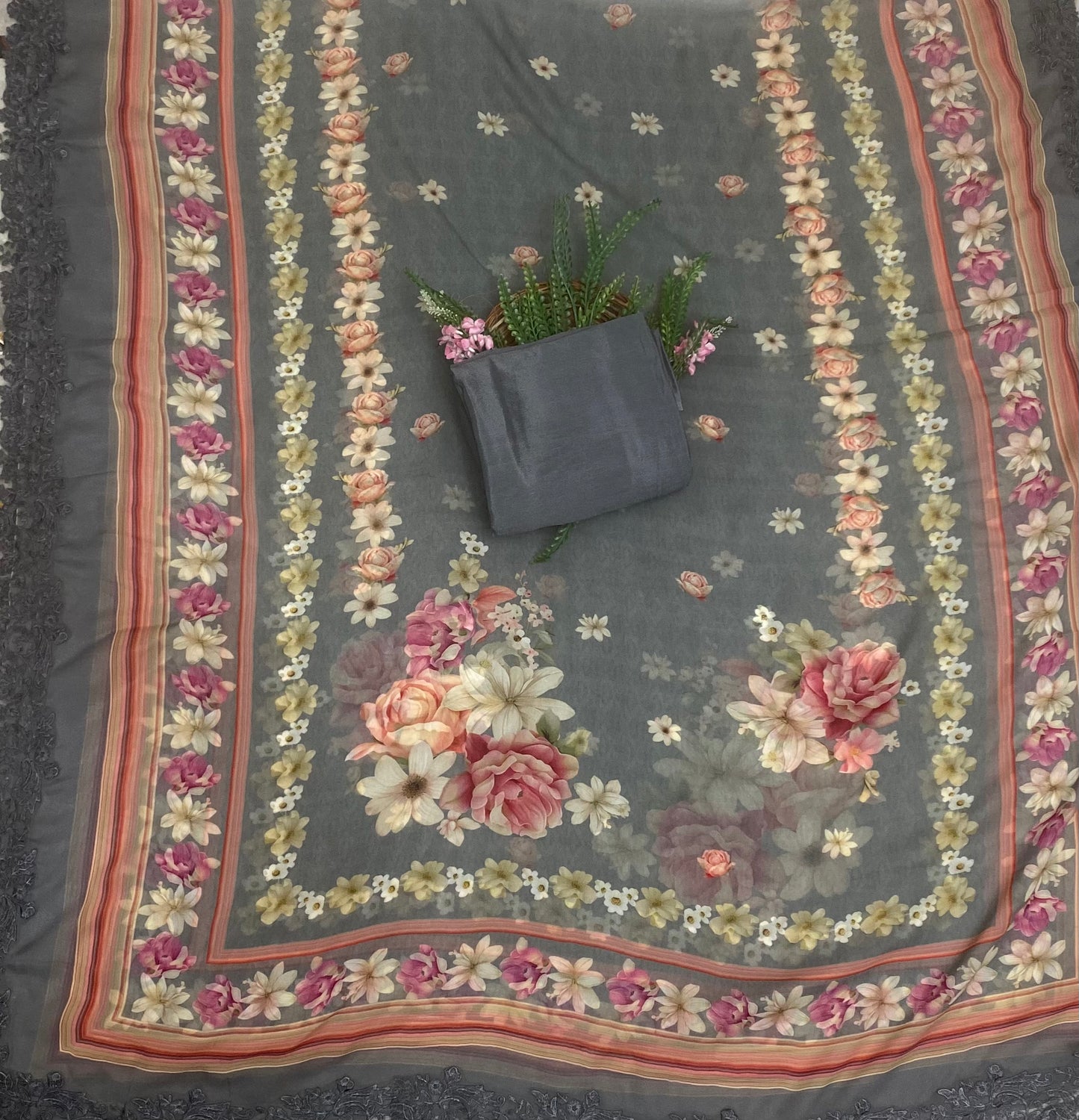 Georgette Grey Suit Fabric / Phoolon Ka Ghar