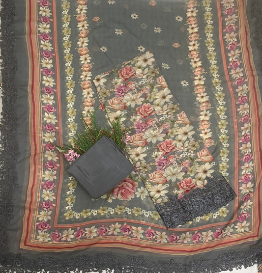 Georgette Grey Suit Fabric / Phoolon Ka Ghar