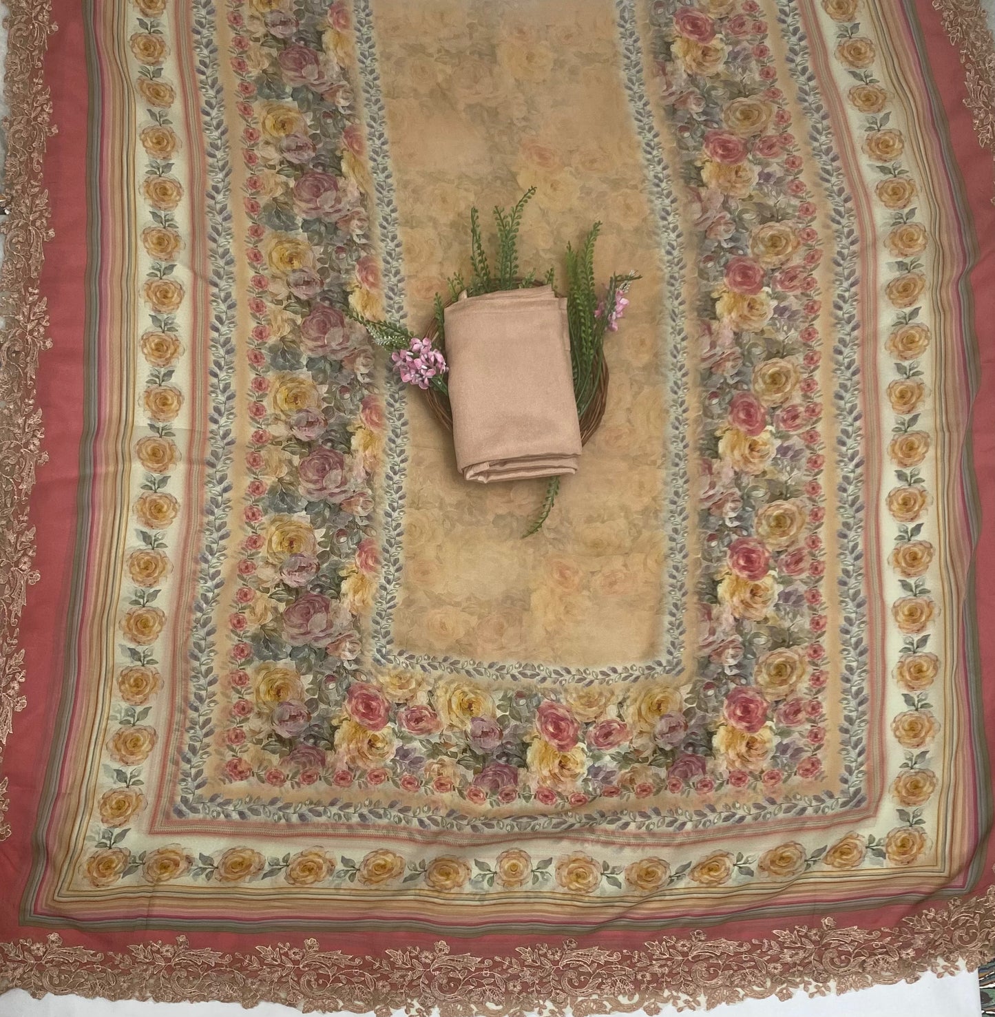 Georgette Beige Suit Fabric / Phoolon Ka Ghar