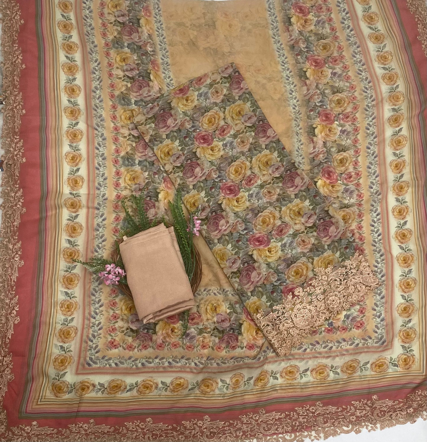 Georgette Beige Suit Fabric / Phoolon Ka Ghar