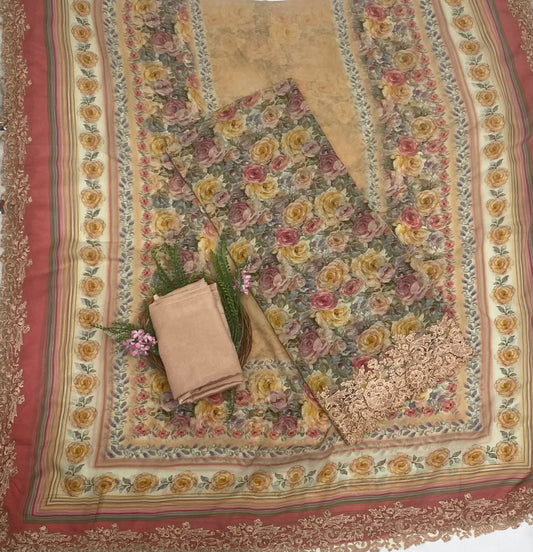Georgette Beige Suit Fabric / Phoolon Ka Ghar
