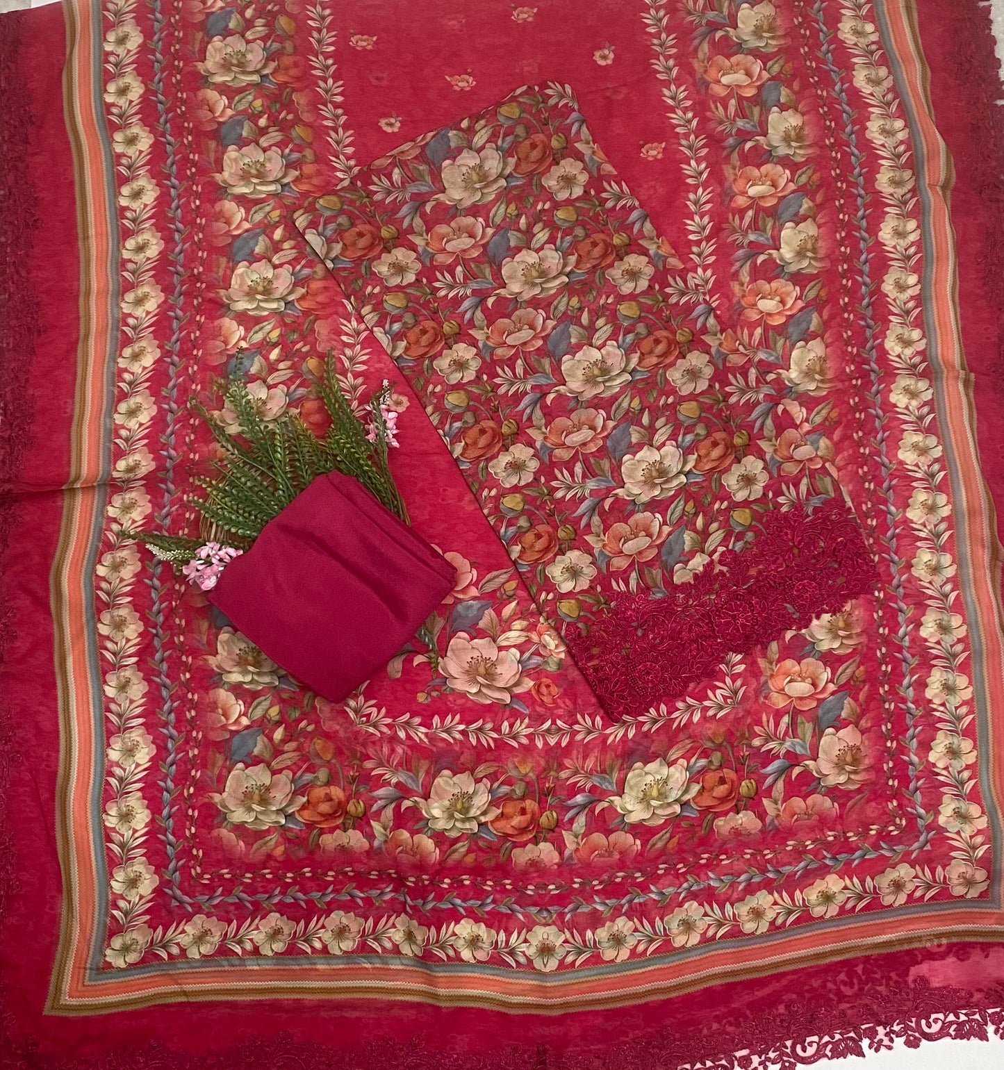 Georgette Red Suit Fabric / Phoolon Ka Ghar
