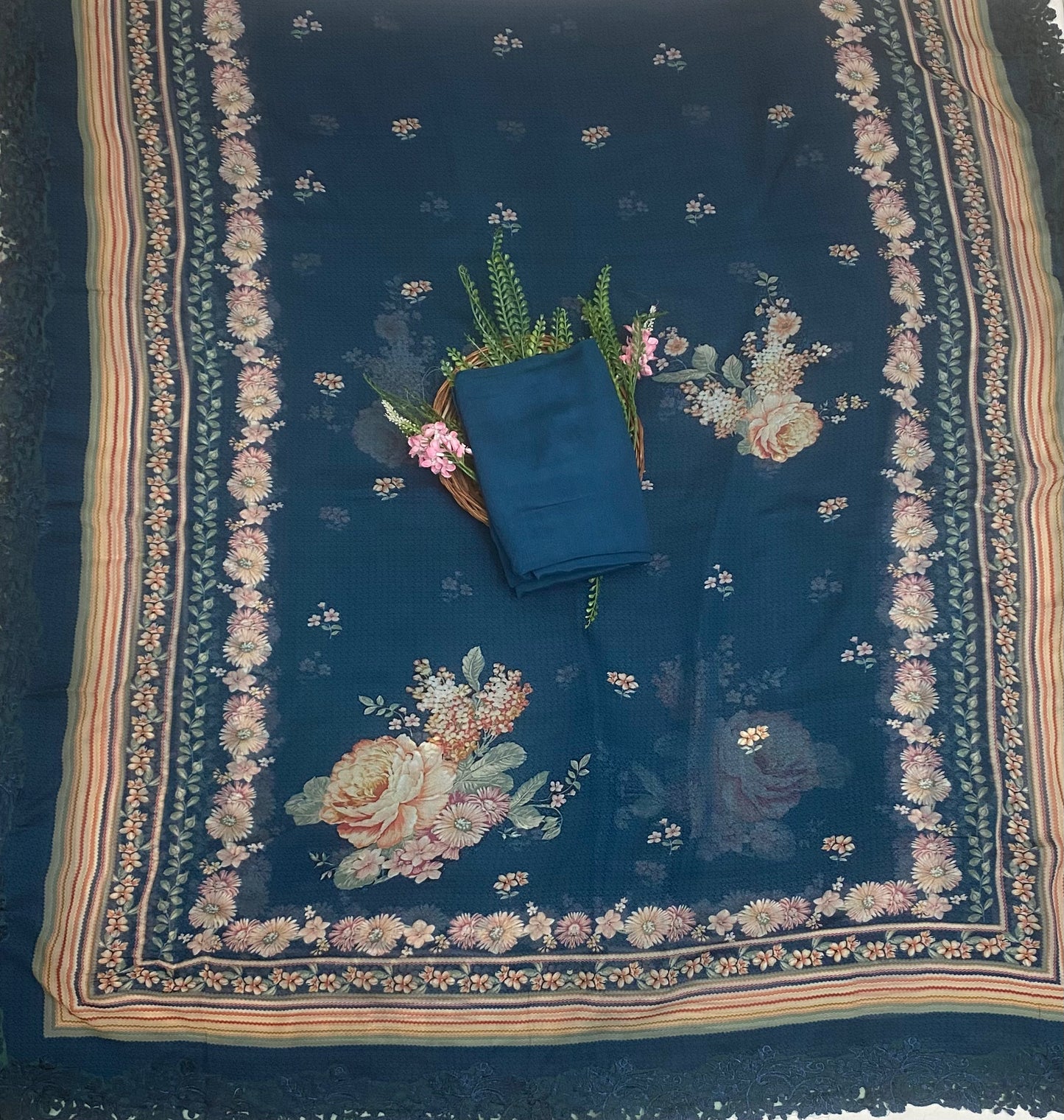 Georgette Teal Blue Suit Fabric / Phoolon Ka Ghar