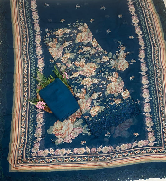 Georgette Teal Blue Suit Fabric / Phoolon Ka Ghar
