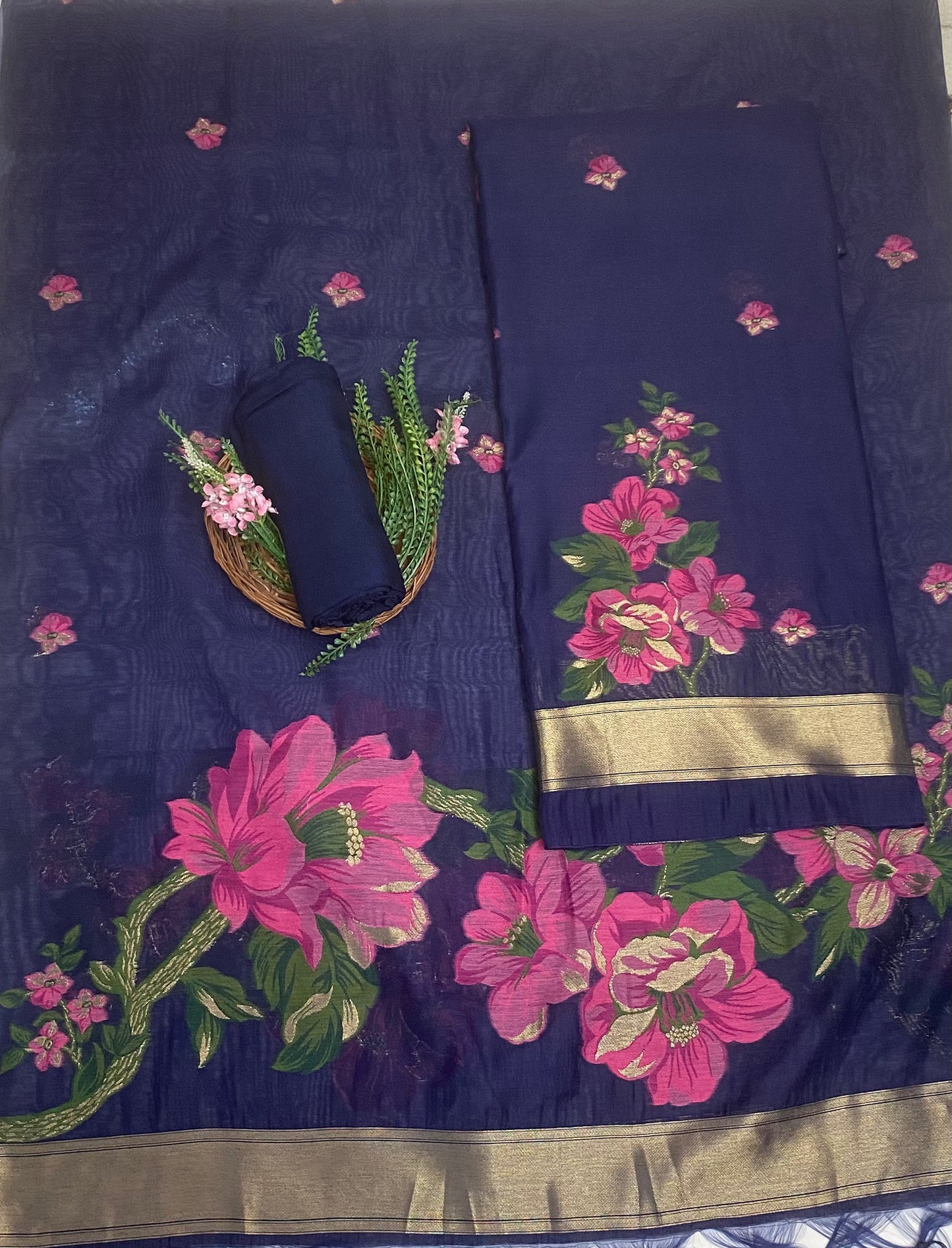 Jamdani Navy Blue Suit Fabric / Jamdani Suits