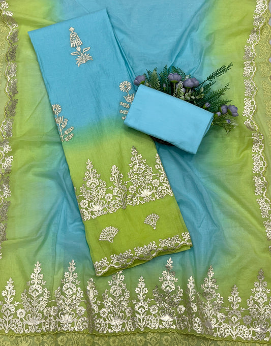 849A Mul Cotton Green With Sky Blue  suit Fabric/ CKC Mul Cotton