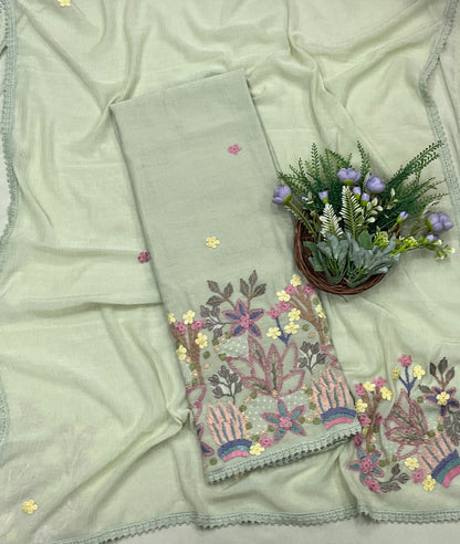 916A Mul Crush Pista Green Suit Fabric/ CKC Mul Cotton