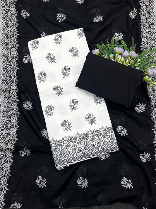 924A Cotton White With Black Suit Fabric / CKC Cotton Bazaar