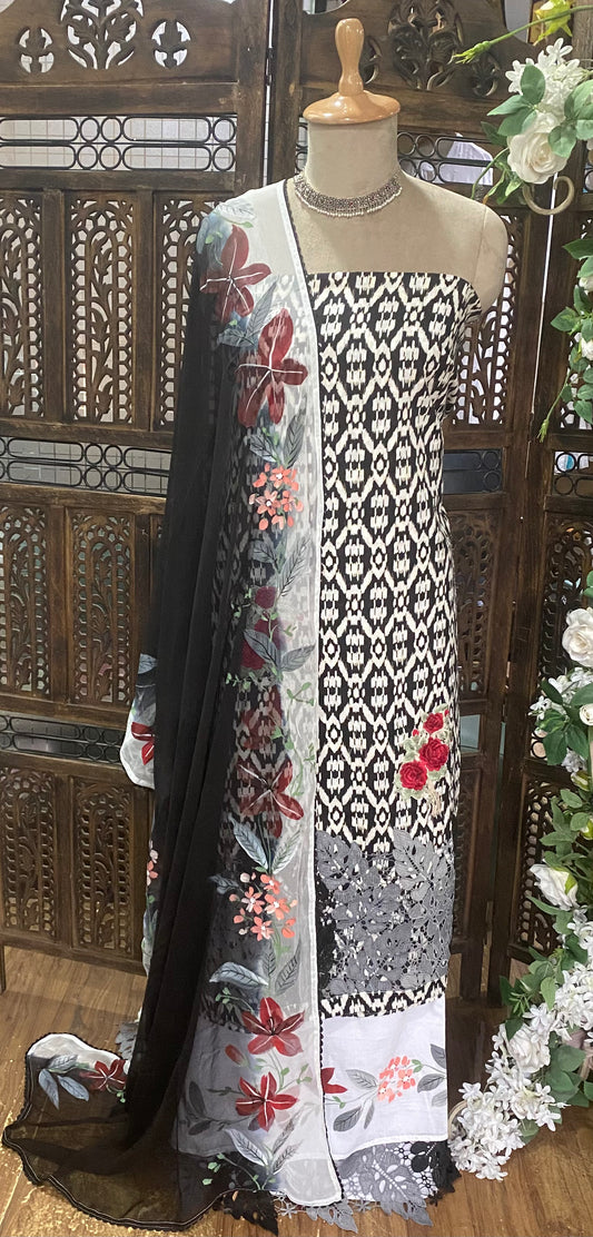 Cotton Black And White Suit Fabric / Summer Elegance
