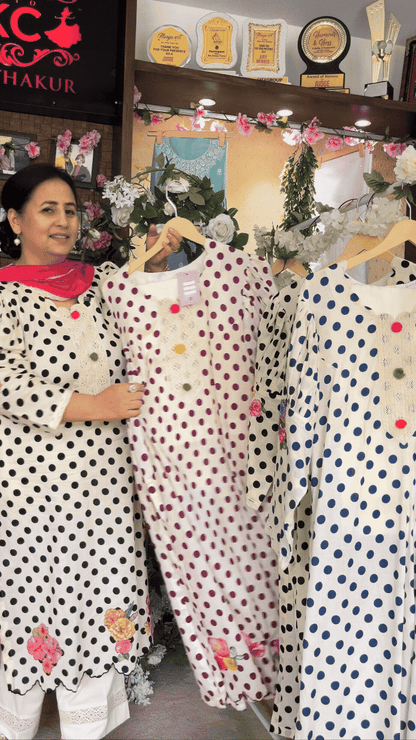 Cotton Cream With Navy Blue Stitched Suit / CKC Polka Petals