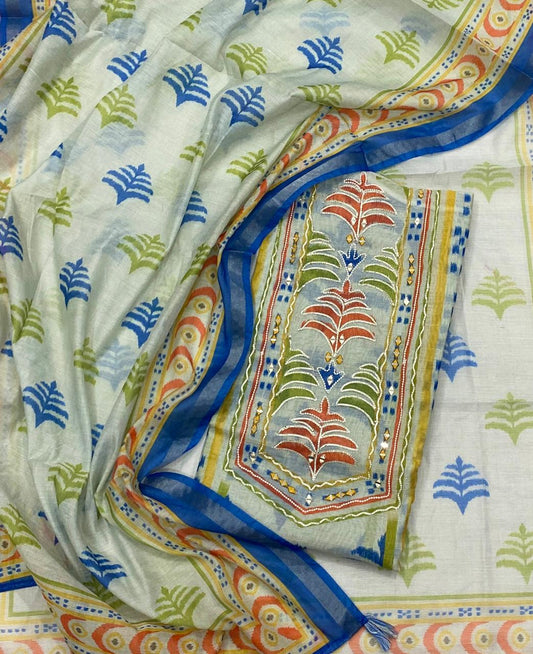 807D MAHESHWARI CREAM WITH BLUE SUIT FABRIC / CKC MAHESHWARI SUITS