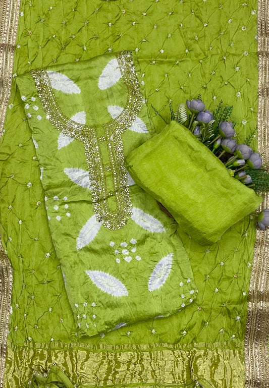 792D GAJJI SILK GREEN WITH WHITE SUIT FABRIC / CKC JAIPURI SUITS