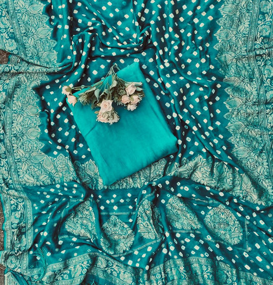 Bandhani  Modal Green Suit Fabric  / Banarasi Hut Collection