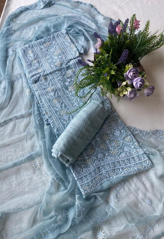 Lakhnavi Georgette Blue Suit Fabric/ Lakhnavi Suits Collection