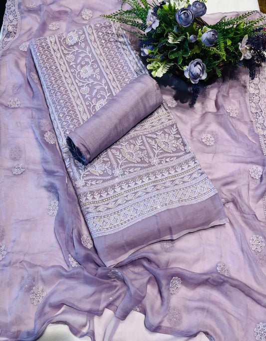 Lakhnavi Georgette Dusty Lilac Suit Fabric/ Lakhnavi Suits Collection