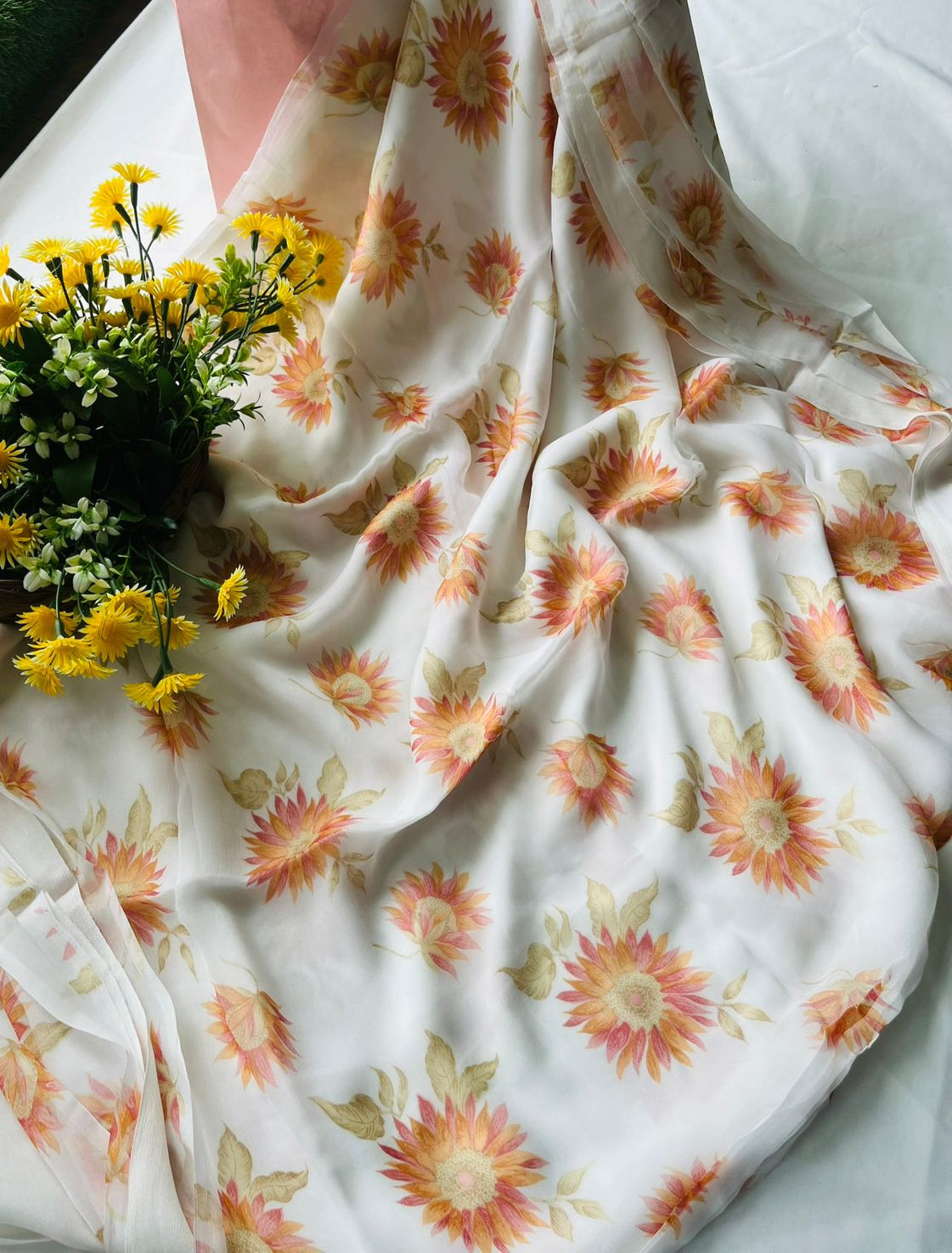 Ckc 352 Chiffon White With Orange Suit Fabric / CKC Chiffon Suits
